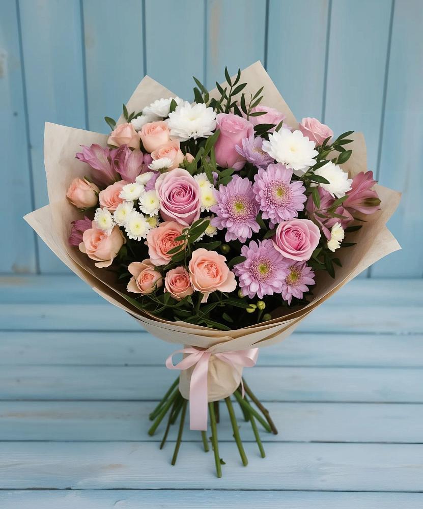Букет цветов из: Хризантемы, Розы и Альстромерии в Средний Икорец