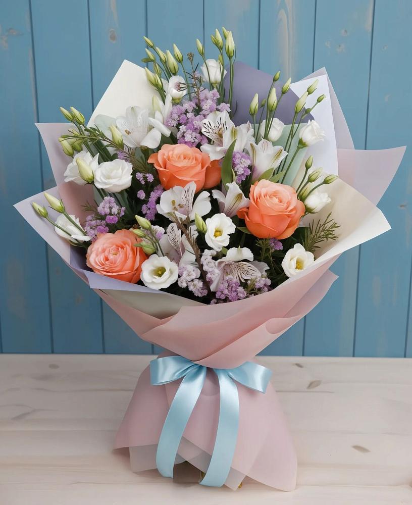 Букет цветов из: Лизиантусы, Розы, Альстромерии и Гипсофила в Средний Икорец
