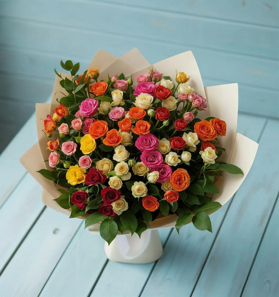 Букет Микс из разноцветных кустовых роз в Средний Икорец