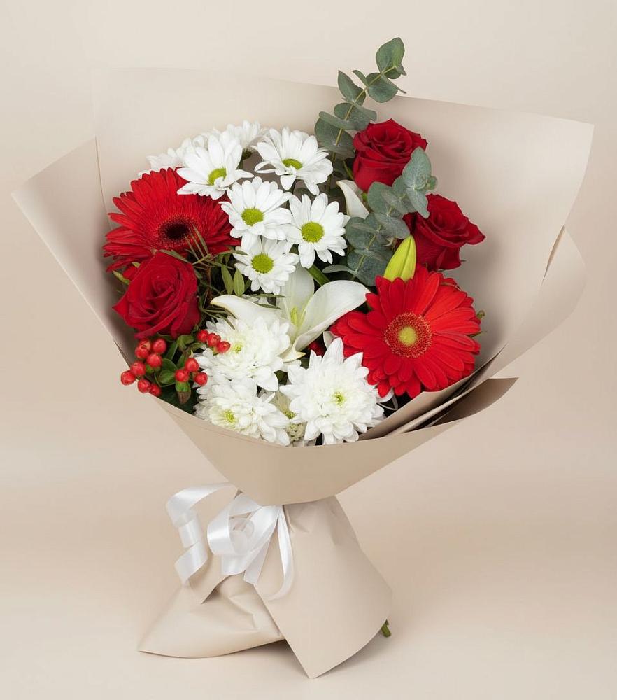 Букет цветов из: Розы, Хризантемы, Герберы и Лилии в Средний Икорец