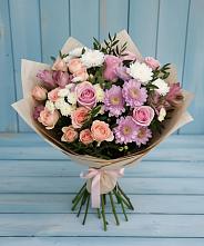 Букет цветов из:  Хризантемы, Розы и Альстромерии в Средний Икорец