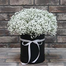 Цветочная композиция из Гипсофила в шляпной коробке в Средний Икорец