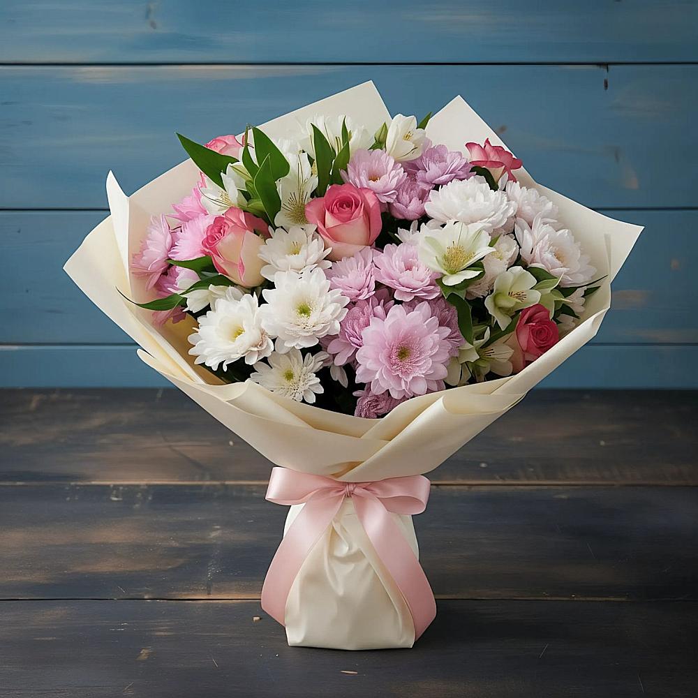 Букет цветов из: Хризантемы, Альстромерии и Розы в Средний Икорец